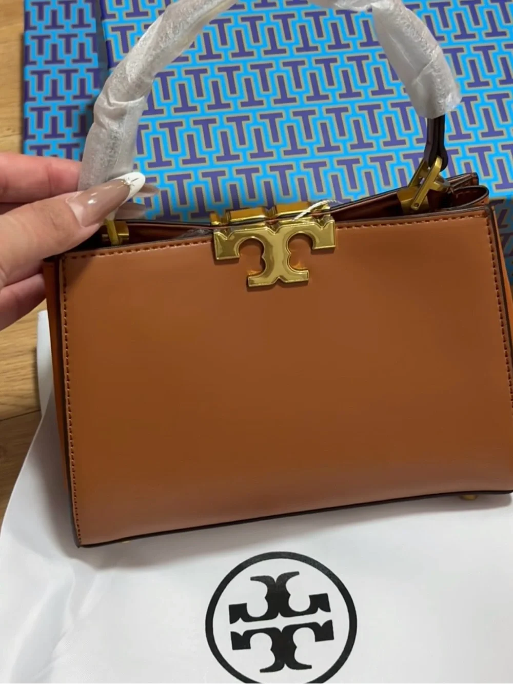 $Tory Burch Saddle Brown Leather Top-Handle Satchel with Gold Hardware